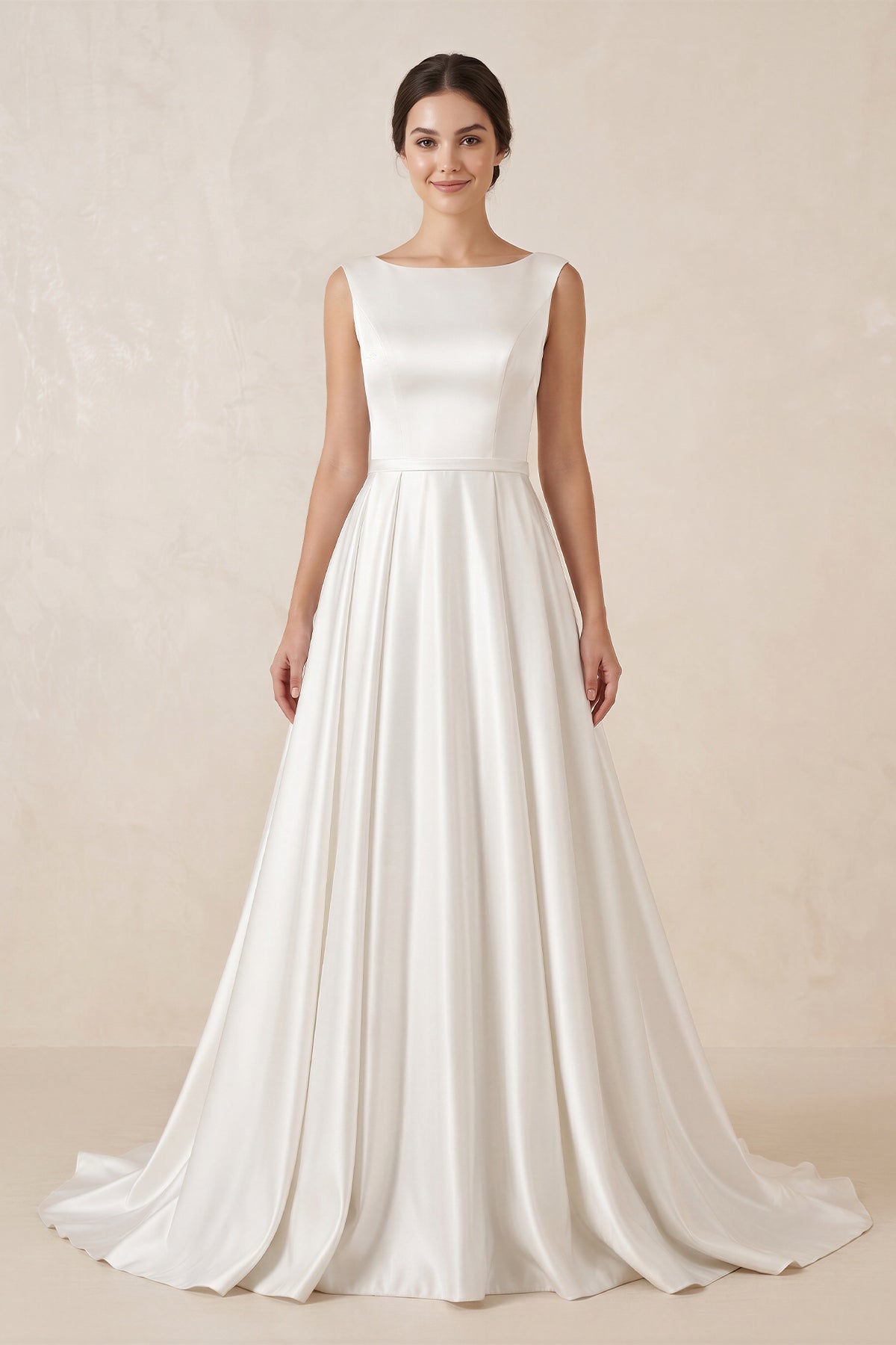 Pure White Satin Sleeveless Bridal Dresses with Pockets