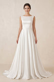 Pure White Satin Sleeveless Bridal Dresses with Pockets