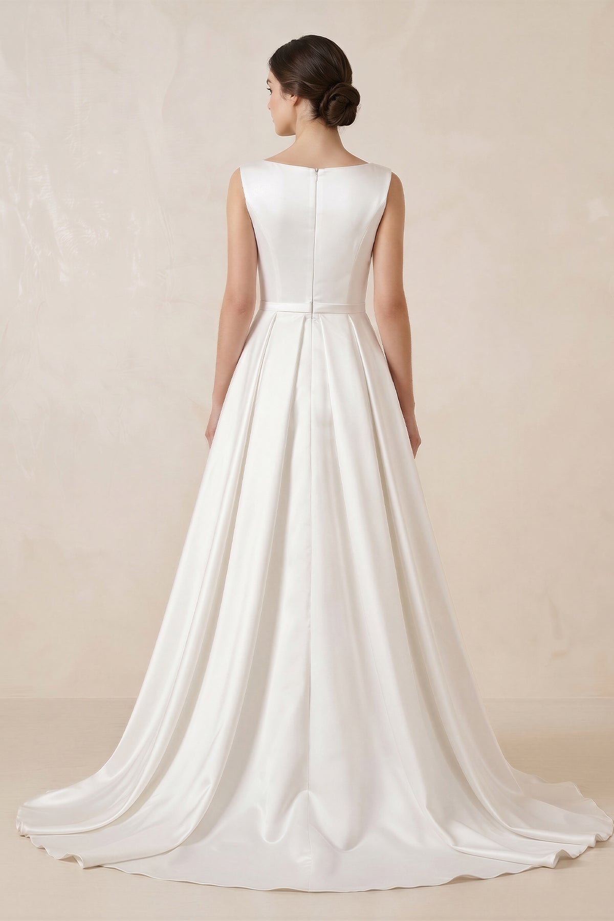 Pure White Satin Sleeveless Bridal Dresses with Pockets