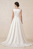 Pure White Satin Sleeveless Bridal Dresses with Pockets