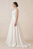 Pure White Satin Sleeveless Bridal Dresses with Pockets