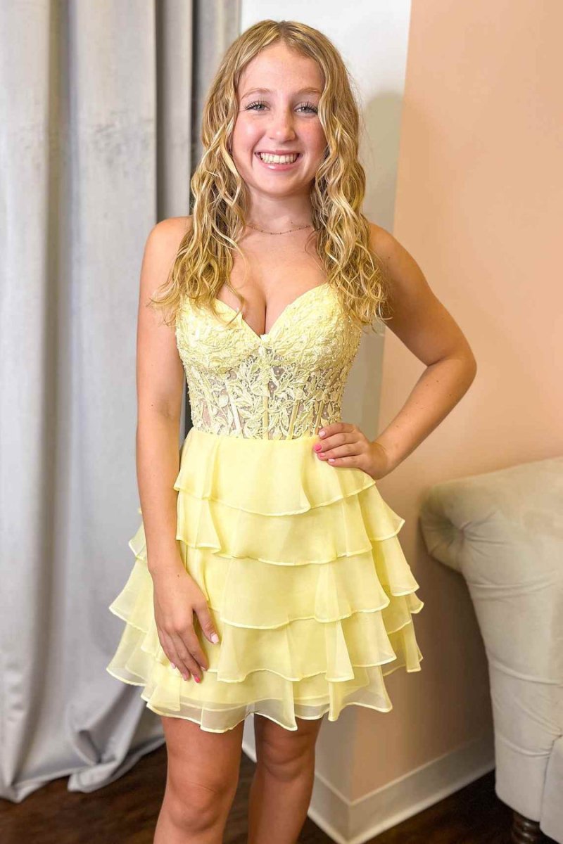 A-Line Strapless Tiered Corset Short Homecoming Dress with Appliques