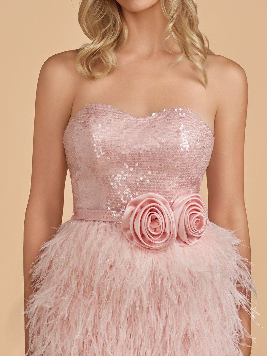 Pink - Bodycon Strapless Sequin Mini Party Dresses with Feathers