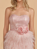 Pink - Bodycon Strapless Sequin Mini Party Dresses with Feathers
