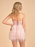 Pink - Bodycon Strapless Sequin Mini Party Dresses with Feathers