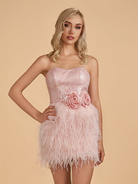 Pink - Bodycon Strapless Sequin Mini Party Dresses with Feathers