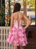 Pink - A Line Sweetheart Floral Chiffon Corset Ruffled Homecoming Dresses