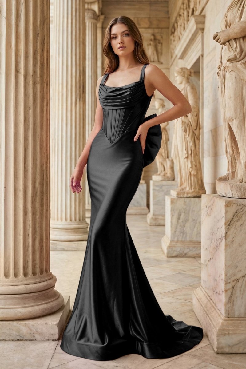Fuchsia Square Neck Satin Mermaid Formal Gown with Bow