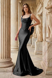 Fuchsia Square Neck Satin Mermaid Formal Gown with Bow