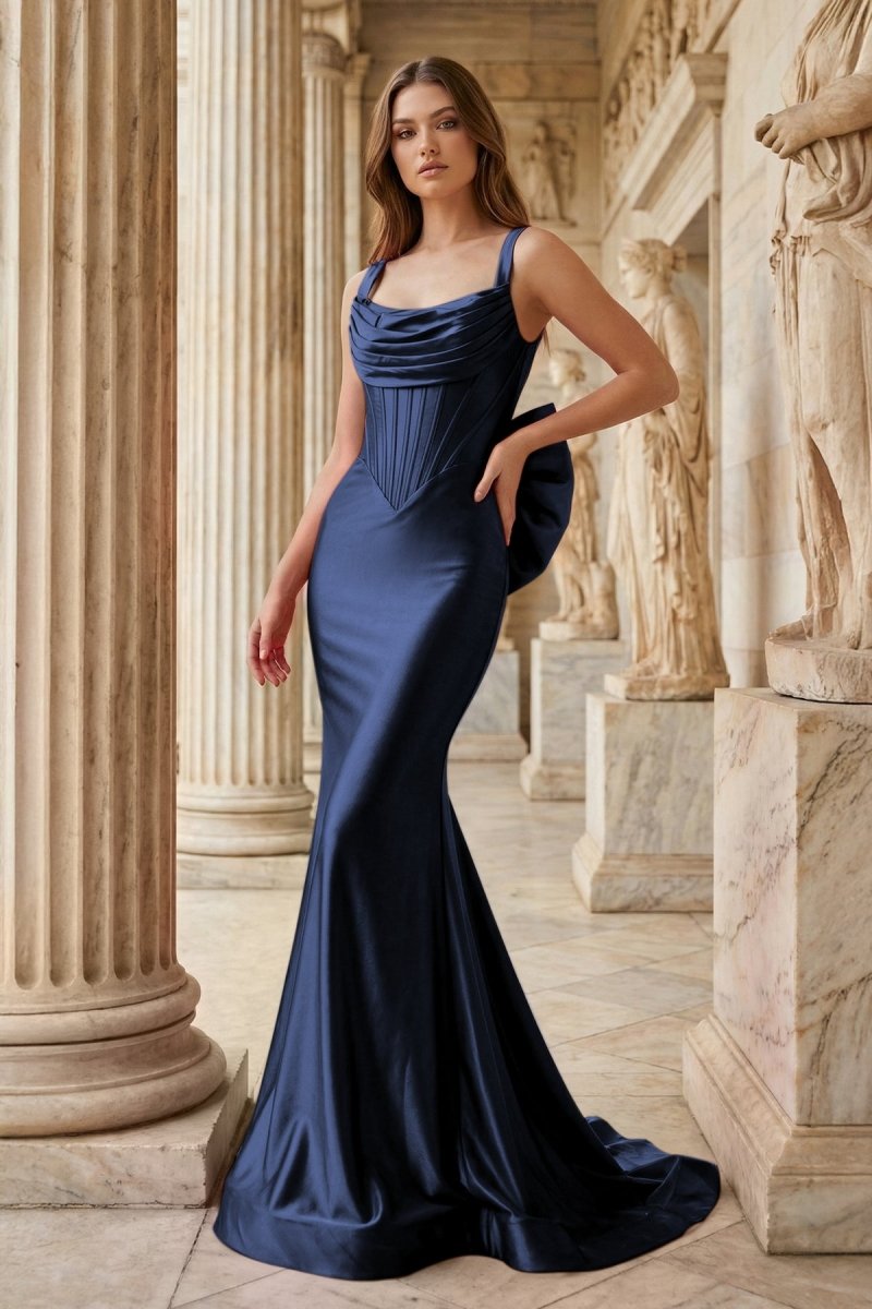 Fuchsia Square Neck Satin Mermaid Formal Gown with Bow