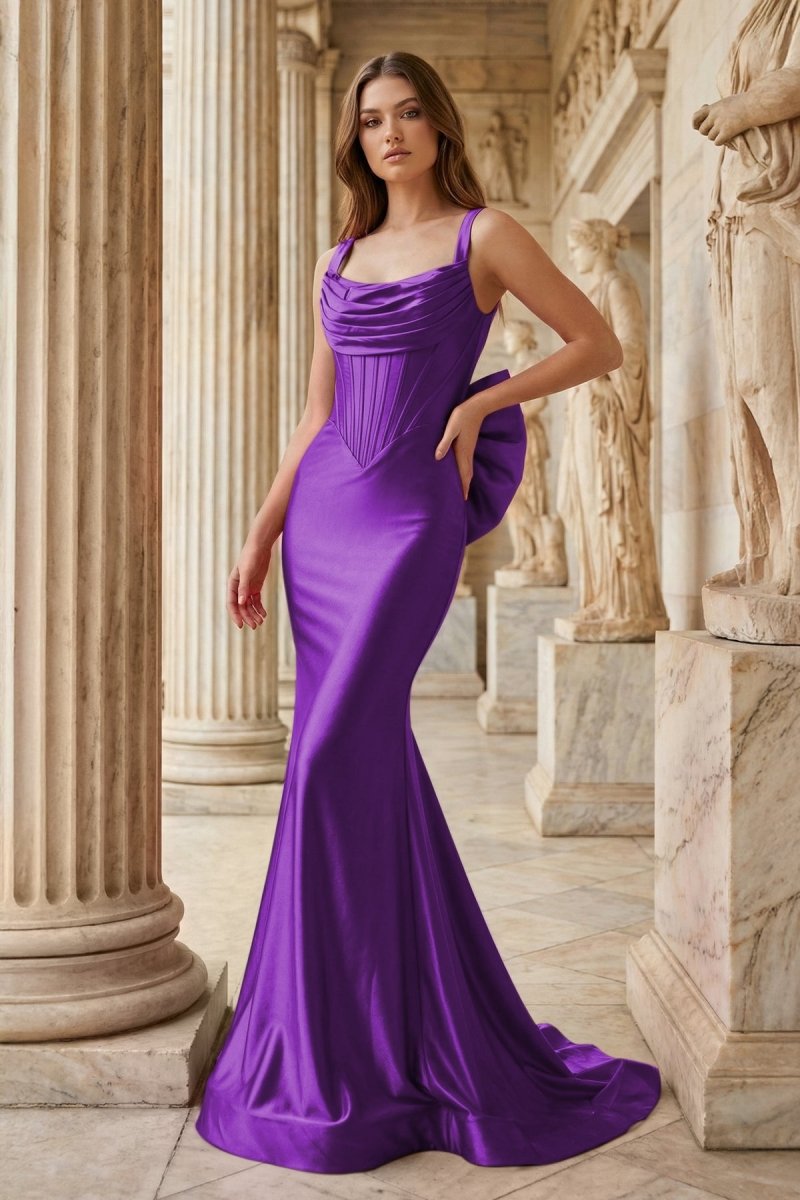 Fuchsia Square Neck Satin Mermaid Formal Gown with Bow