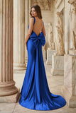 Fuchsia Square Neck Satin Mermaid Formal Gown with Bow