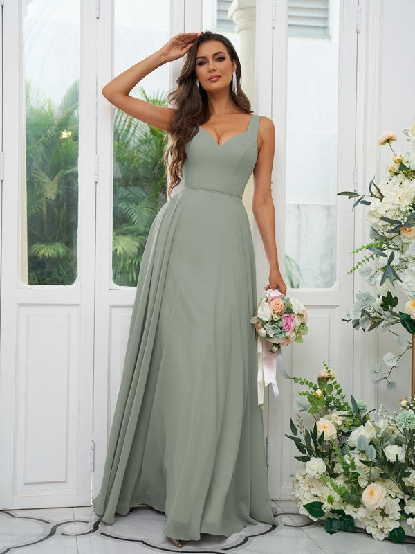 A-Line/Princess Chiffon Ruffles V-neck Sleeveless Floor-Length Bridesmaid Dresses Evening Dress