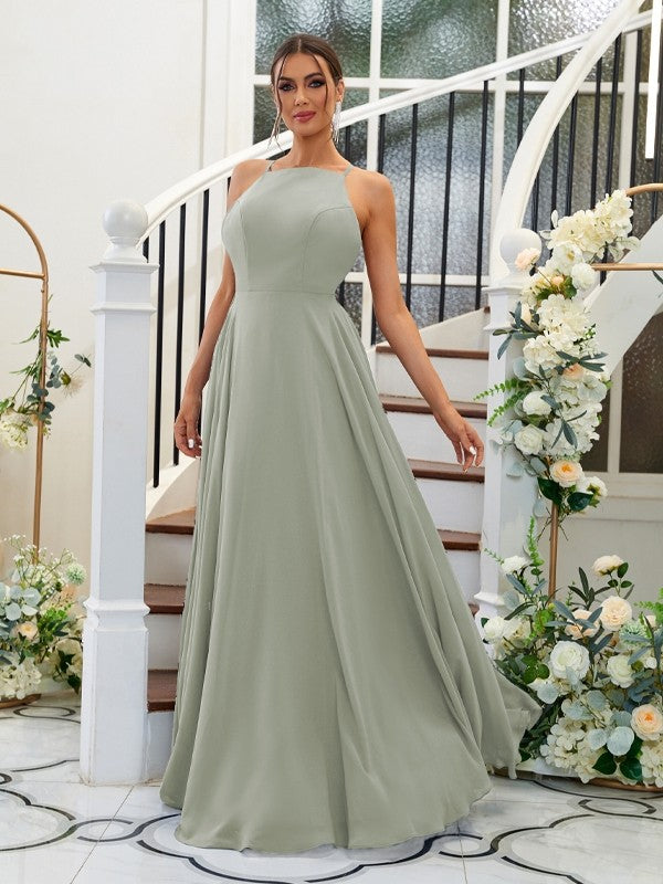 A-Linie/Princess-Linie Chiffon Rüschen Neckholder Ärmellos Bodenlang Brautjungfernkleider Abendkleid