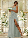 Sheath/Column Polyester Ruched Sweetheart Sleeveless Sweep/Brush Train Bridesmaid Dresses Evening Dress