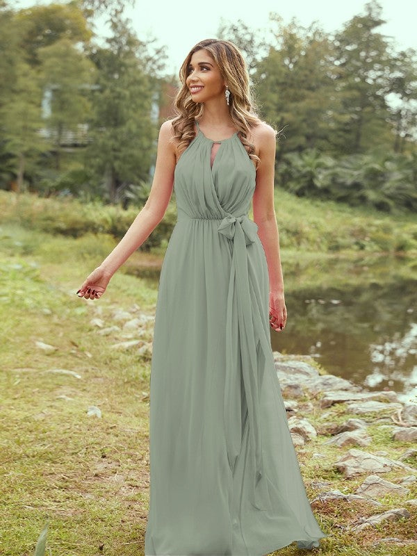 A-Line/Princess Chiffon Ruffles Halter Sleeveless Sweep/Brush Train Bridesmaid Dresses	Evening Prom Dress