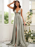 Vestido de dama de honor de corte A/princesa, jersey con volantes, escote en V, sin mangas, cola larga, para invitada de boda
