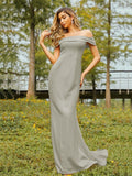 Sheath/Column Jersey Ruched Off-the-Shoulder Sleeveless Sweep/Brush Train Bridesmaid Dresses Evening Dress