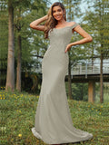 Sheath/Column Stretch Crepe Applique Off-the-Shoulder Sleeveless Sweep/Brush Train Bridesmaid Dresses Evening Dress