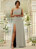 Sheath/Column Jersey Ruffles One-Shoulder Sleeveless Sweep/Brush Train Bridesmaid Dresses Evening Dress