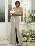 Sheath/Column Jersey Ruffles Off-the-Shoulder Sleeveless Sweep/Brush Train Bridesmaid Dresses Evening Dress