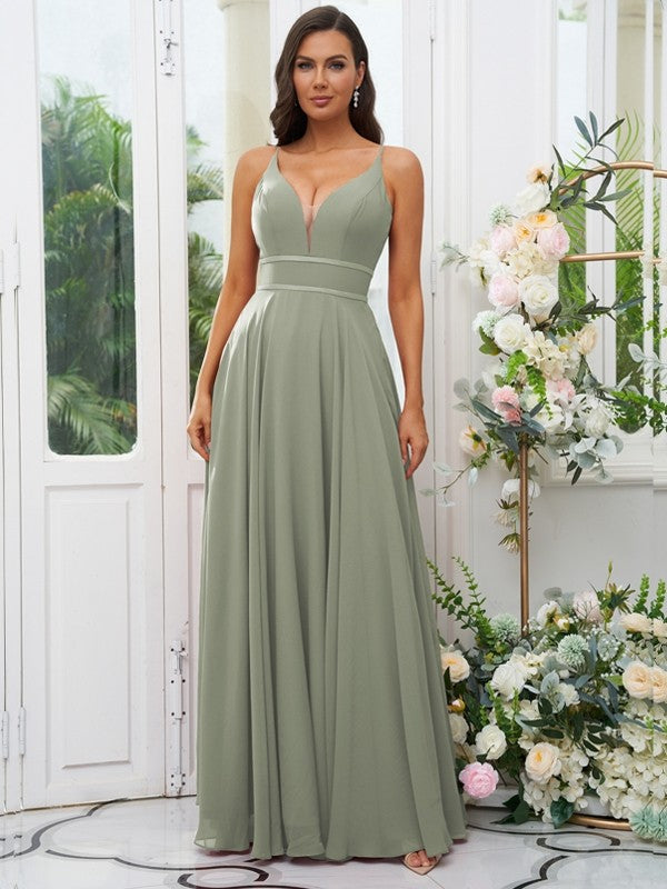 A-Line/Princess Chiffon Ruffles V-neck Sleeveless Floor-Length Bridesmaid Dresses Evening Prom Dress