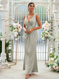 Sheath/Column Jersey Ruched V-neck Sleeveless Floor-Length Bridesmaid Dresses Evening Dress
