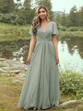 A-Line/Princess Chiffon Ruffles V-neck Short Sleeves Floor-Length Bridesmaid Dresses Evening Prom Dress