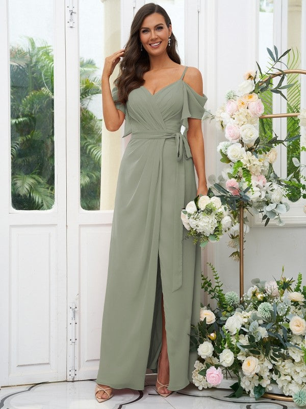 A-Line/Princess Chiffon Ruched V-neck Short Sleeves Floor-Length Bridesmaid Dresses Evening Dress