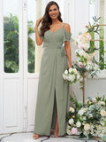 A-Line/Princess Chiffon Ruched V-neck Short Sleeves Floor-Length Bridesmaid Dresses Evening Dress