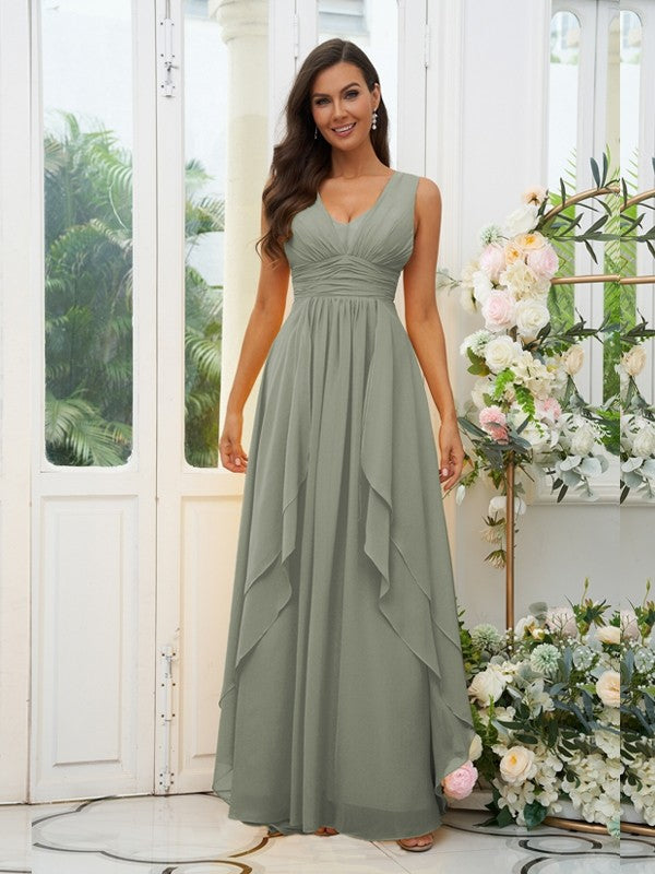 A-Line/Princess Chiffon Ruffles V-neck Sleeveless Floor-Length Bridesmaid Dresses Evening Prom Dress