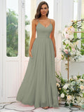A-Line/Princess Chiffon Ruffles V-neck Sleeveless Floor-Length Bridesmaid Dresses Evening Dress