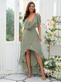 A-Line/Princess Chiffon Ruffles V-neck Short Sleeves Asymmetrical Bridesmaid Dresses Prom Dress