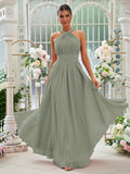 A-Linie/Princess-Linie Chiffon Rüschen Neckholder Ärmellos Bodenlang Brautjungfernkleider Abendkleid
