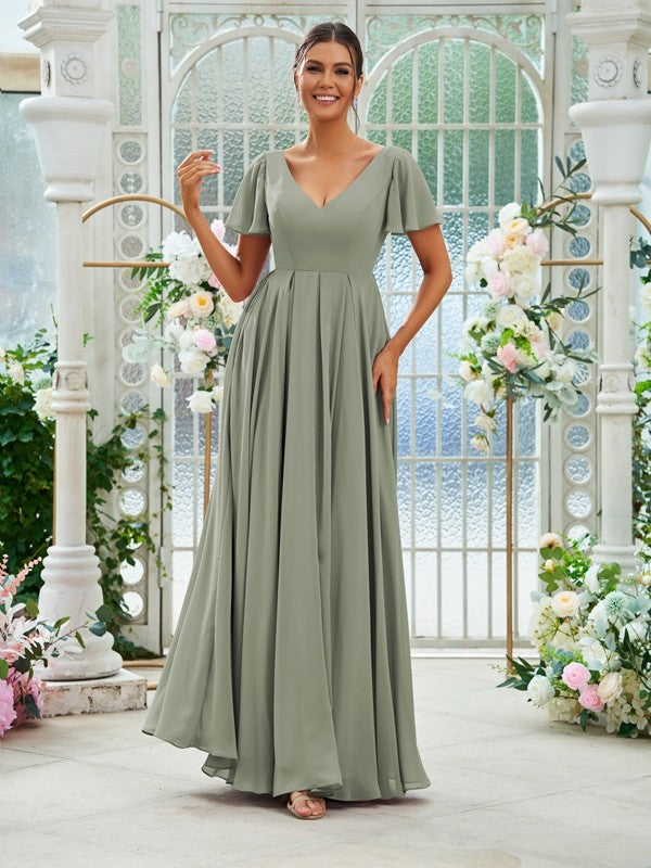 A-Line/Princess Chiffon Ruffles V-neck Short Sleeves Floor-Length Bridesmaid Dresses Evening Prom Dress