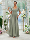 A-Line/Princess Chiffon Ruffles V-neck Short Sleeves Floor-Length Bridesmaid Dresses Evening Prom Dress