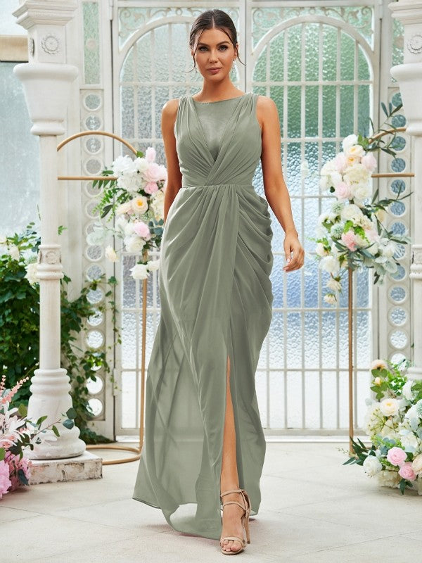 Sheath/Column Chiffon Ruched Scoop Sleeveless Floor-Length Bridesmaid Dresses Evening Dress