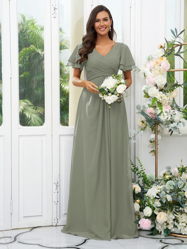 A-Line/Princess Chiffon Ruffles V-neck Short Sleeves Floor-Length Bridesmaid Dresses Evening Dress