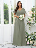 A-Line/Princess Chiffon Ruffles V-neck Short Sleeves Floor-Length Bridesmaid Dresses Evening Dress