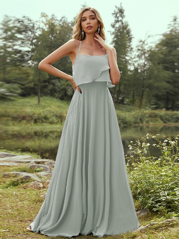 A-Line/Princess Chiffon Ruffles Spaghetti Straps Sleeveless Floor-Length Bridesmaid Dresses Evening Prom Dress