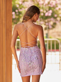 Lilac - Bodycon Spaghetti Straps Sequined Mini Party Dresses with Lace Appliques
