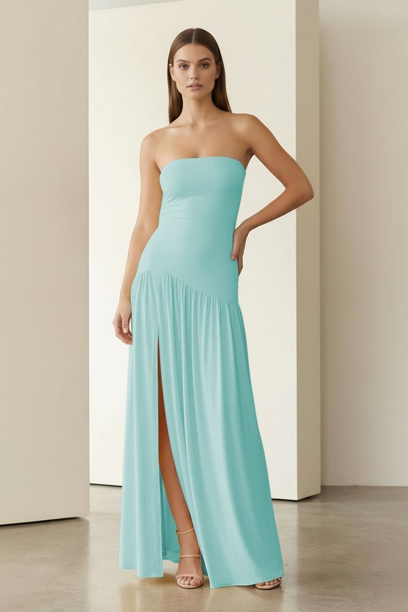 Yellow Strapless Sheath Pleated Long Prom Dresses With Slit