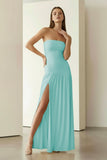 Yellow Strapless Sheath Pleated Long Prom Dresses With Slit