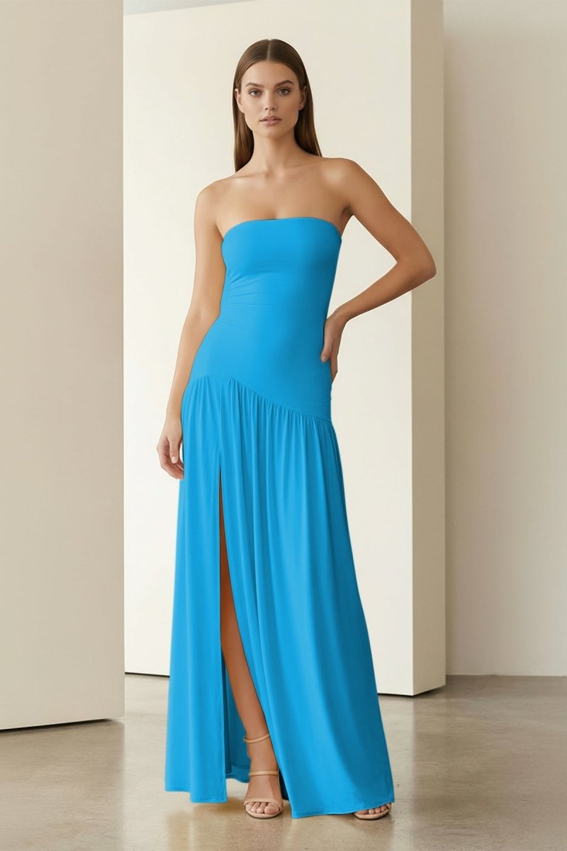 Yellow Strapless Sheath Pleated Long Prom Dresses With Slit