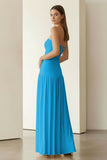 Yellow Strapless Sheath Pleated Long Prom Dresses With Slit