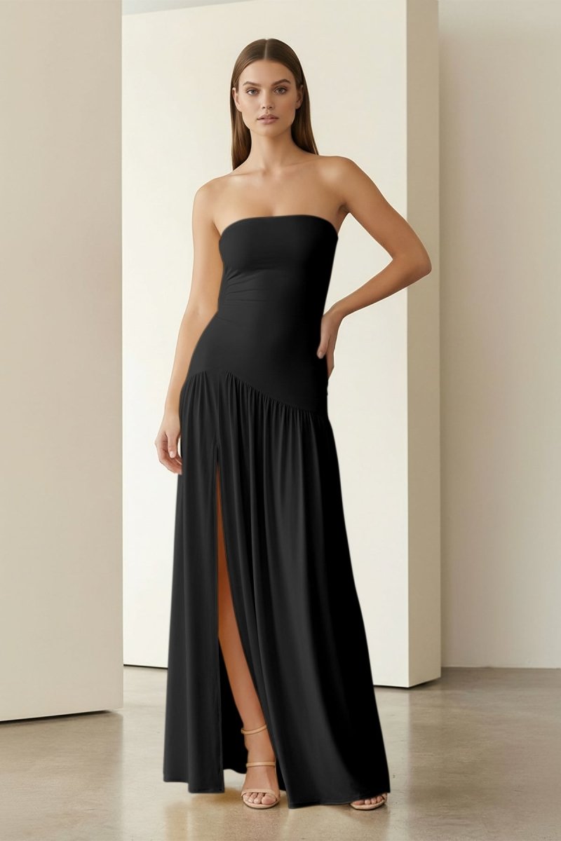 Yellow Strapless Sheath Pleated Long Prom Dresses With Slit