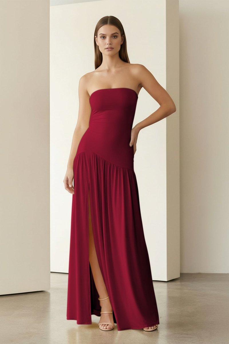 Yellow Strapless Sheath Pleated Long Prom Dresses With Slit