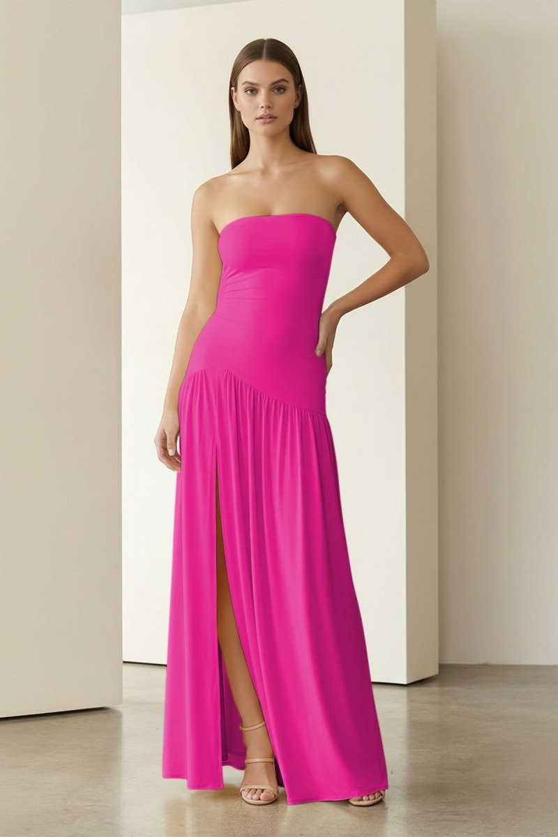 Yellow Strapless Sheath Pleated Long Prom Dresses With Slit