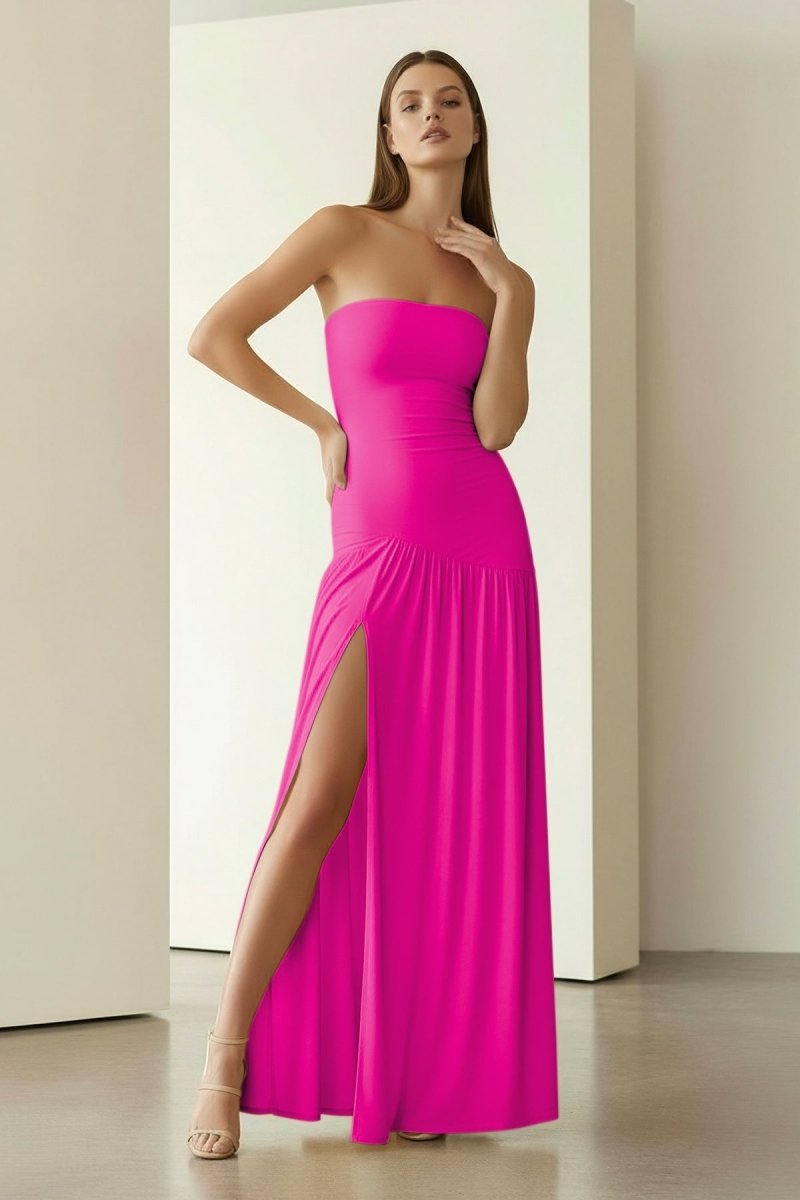 Yellow Strapless Sheath Pleated Long Prom Dresses With Slit