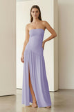 Yellow Strapless Sheath Pleated Long Prom Dresses With Slit